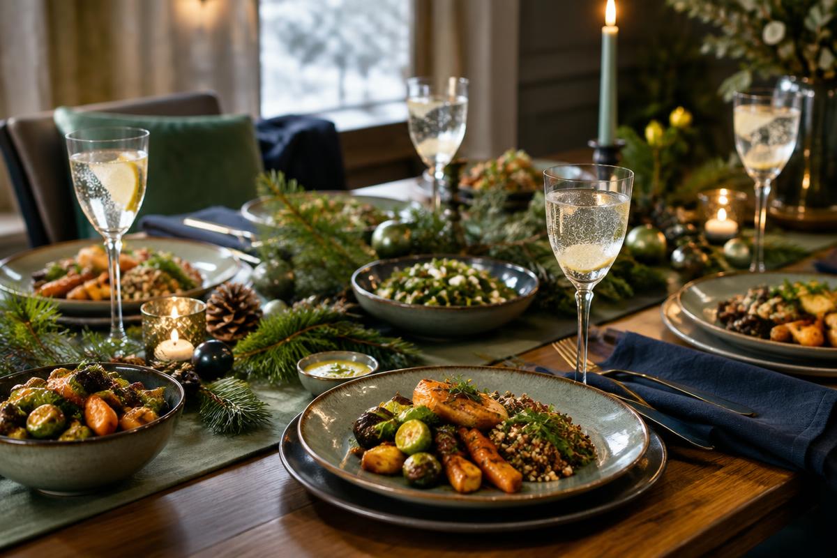 Balanced holiday table with roasted vegetables and sparkling water