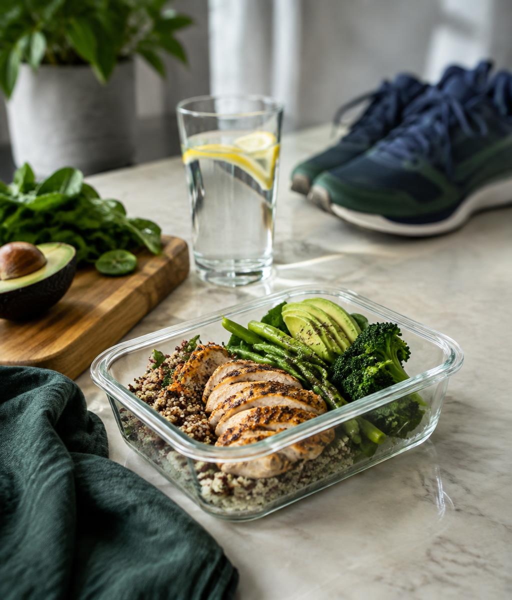 Healthy prepared meal and running shoes on a kitchen counter