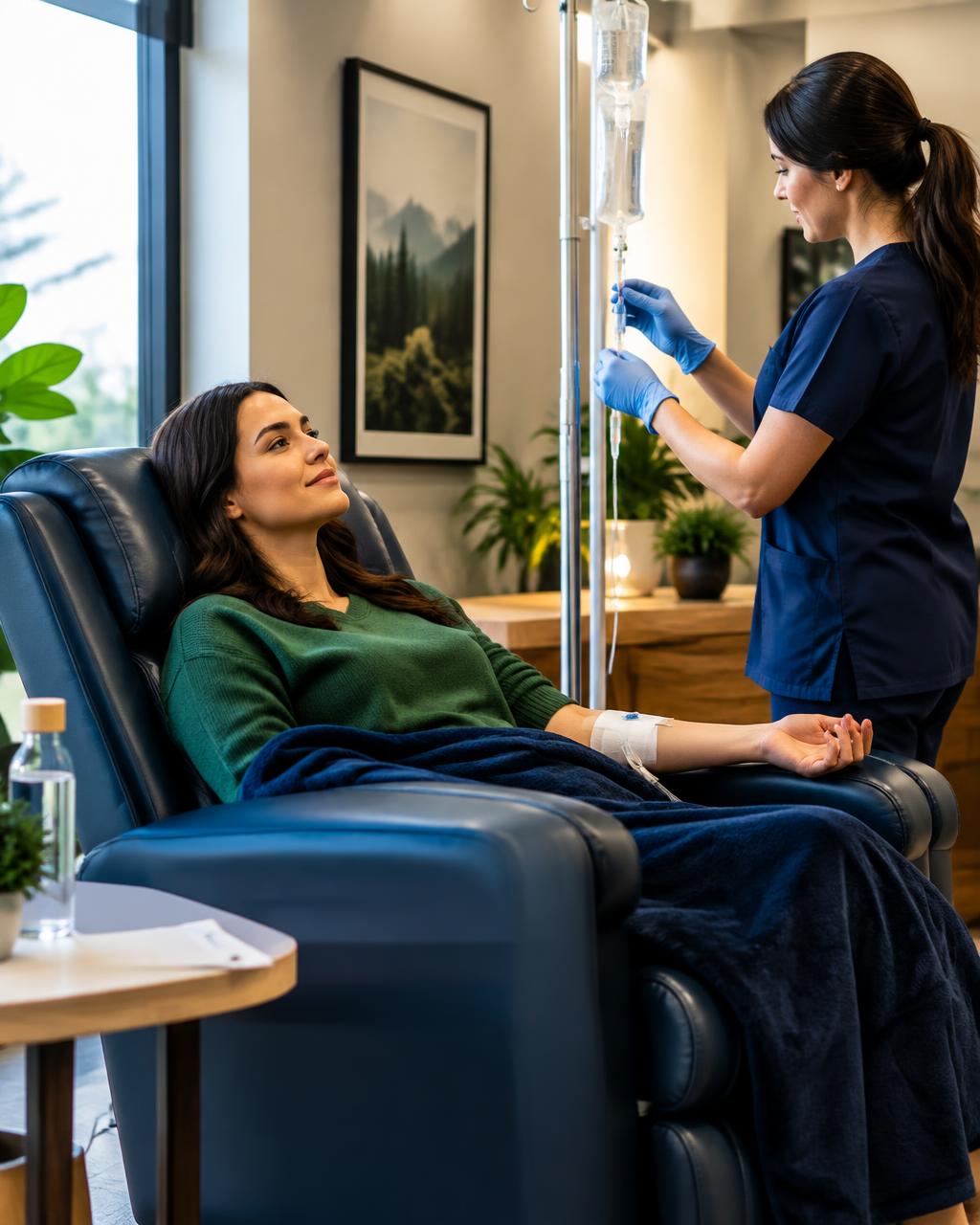 A patient receiving an IV vitamin infusion in a comfortable clinic recliner