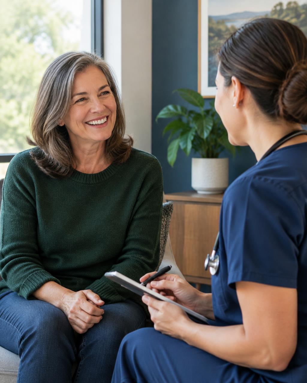 A woman in conversation with her nurse practitioner about hormone therapy
